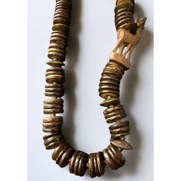 Very Unusual Dark Brown Wooden Disc Necklace with Wooden DEER Accent - Picture 1 of 12